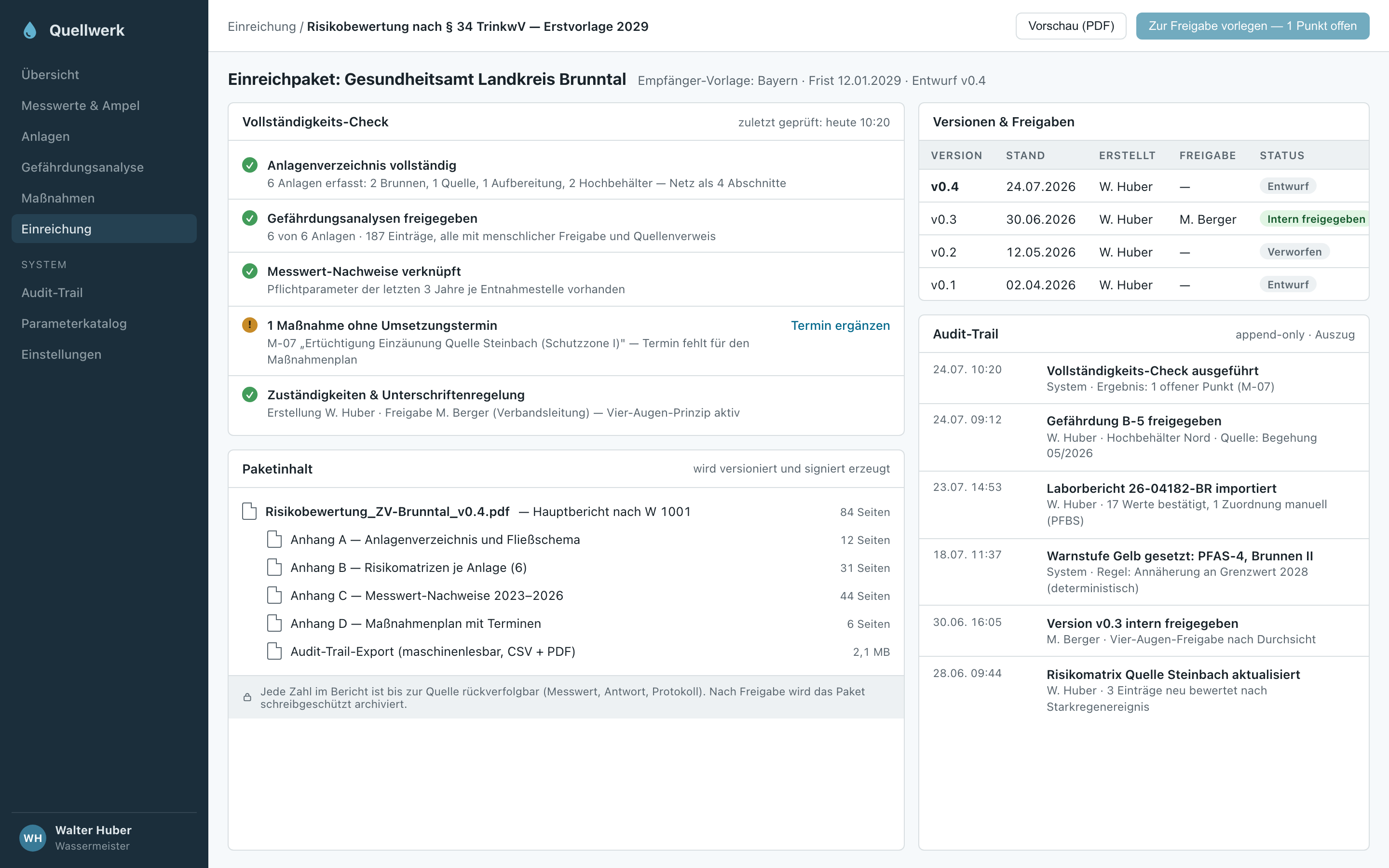 Einreichpaket mit Vollständigkeits-Check, Versionen und Audit-Trail