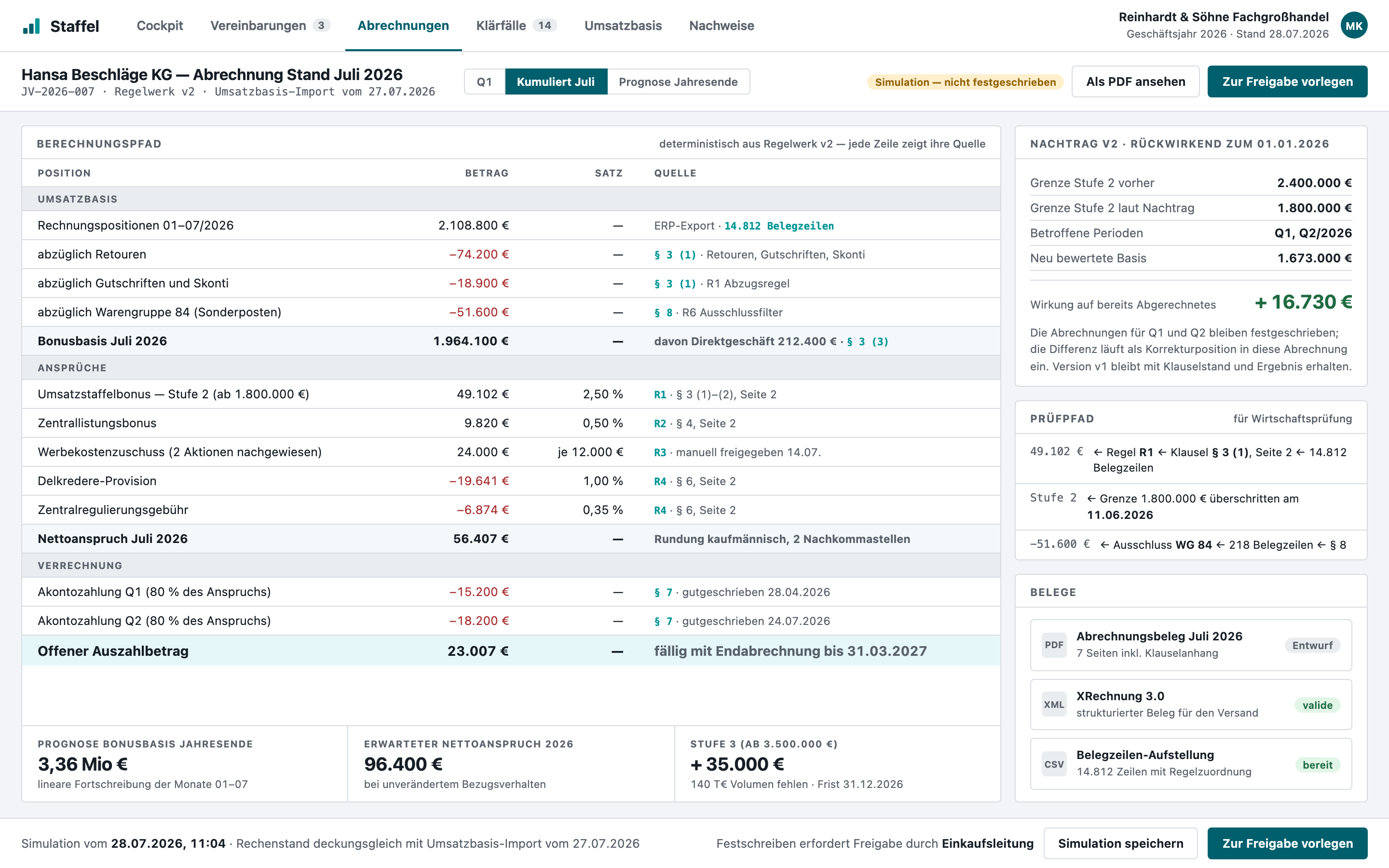 Settlement path with turnover base, entitlements, offset advance payments and the retroactive effect of an amendment