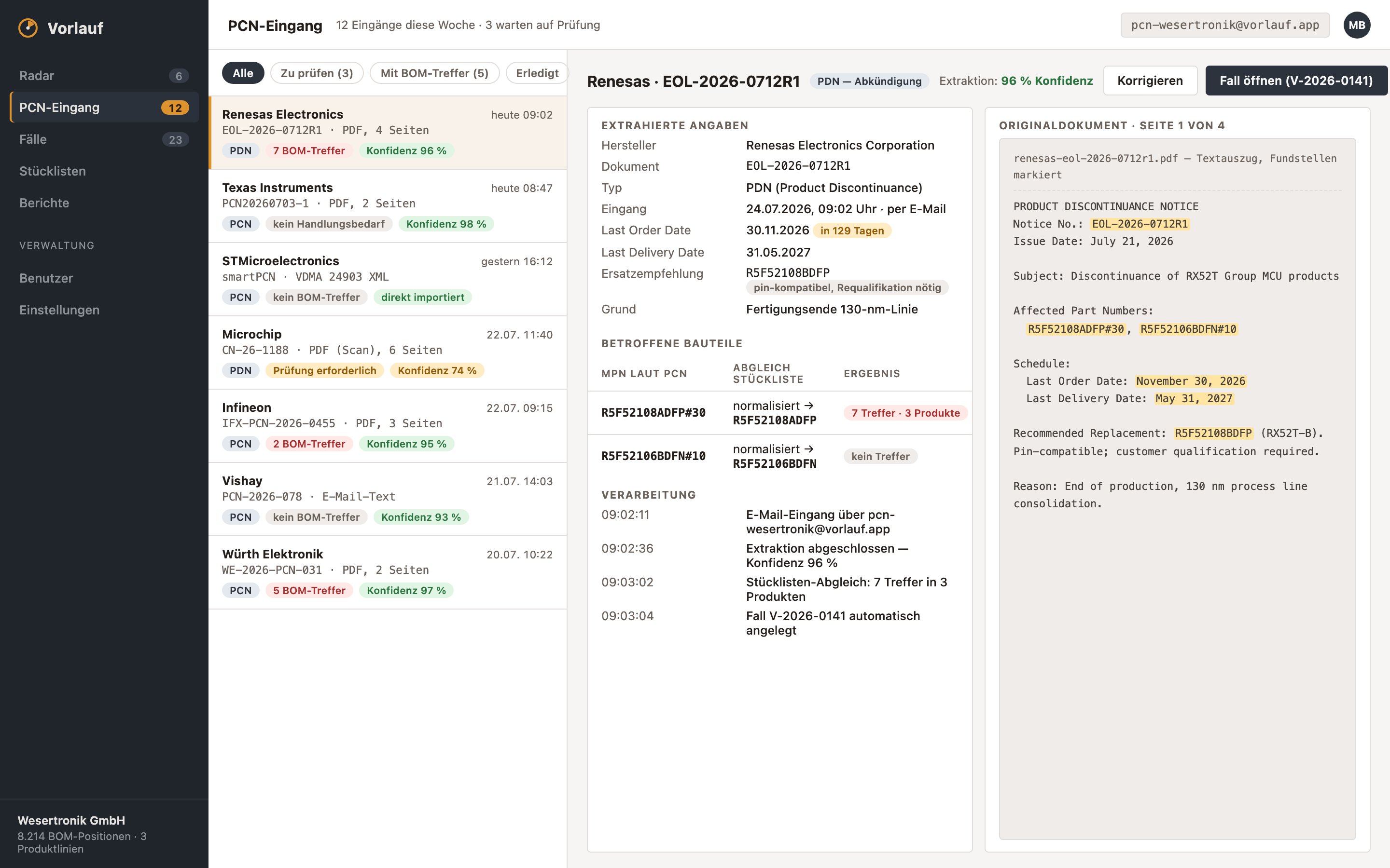 PCN inbox with extracted fields, confidence score, and BOM match result next to the original document