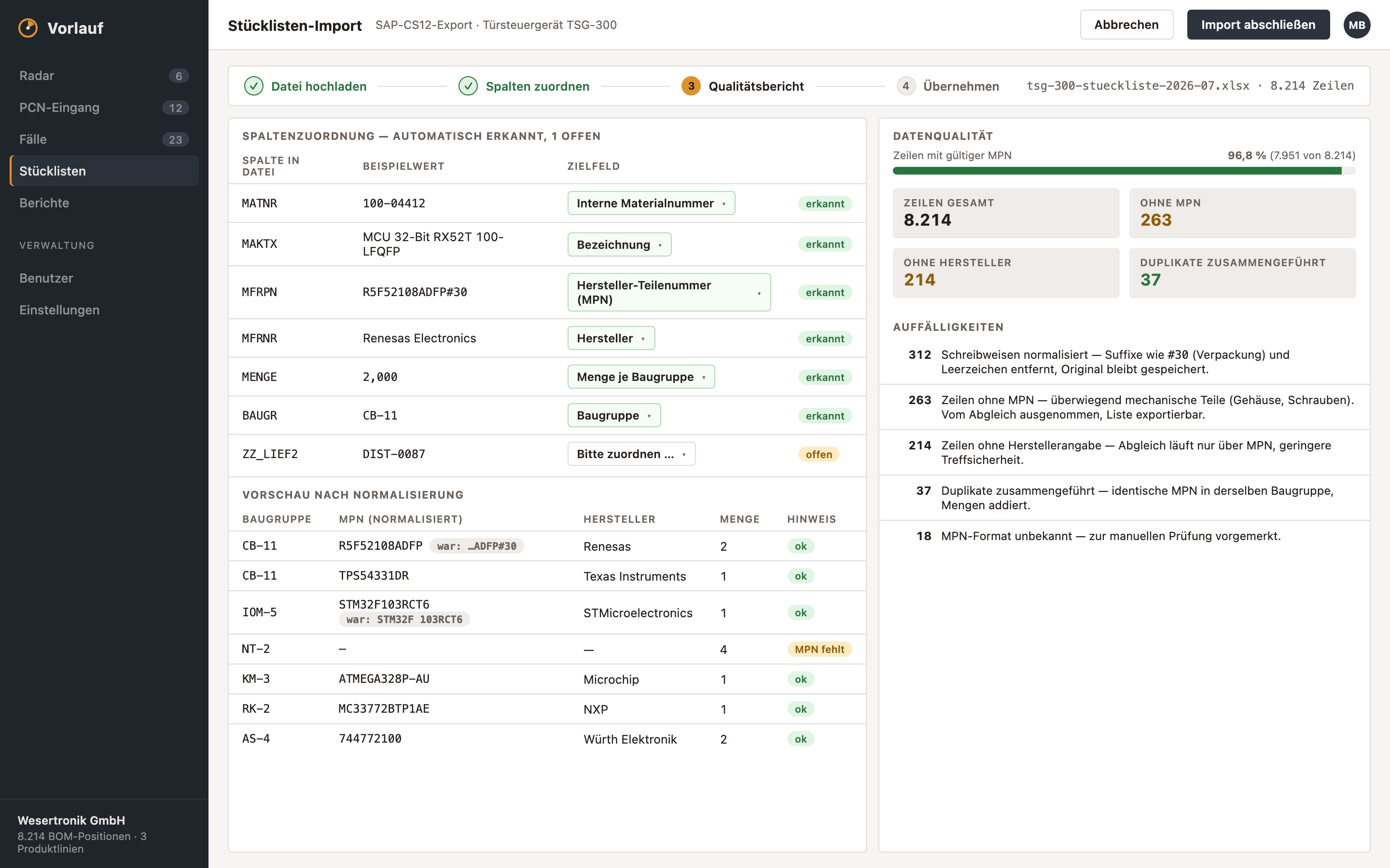 BOM import with column mapping and data quality report